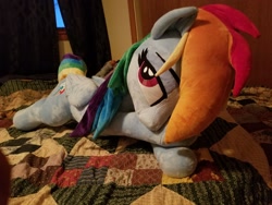 Size: 2048x1536 | Tagged: safe, artist:epicrainbowcrafts, derpibooru import, rainbow dash, bedroom eyes, female, irl, life size, lying down, photo, plushie, solo