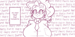 Size: 1200x600 | Tagged: safe, artist:moronsonofboron, pinkie pie, human, big breasts, breasts, female, glasses, huge breasts, humanized, looking at you, monochrome, party, pinkie pies, smiling, solo, sweat, wide eyes