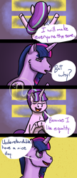 Size: 1300x3000 | Tagged: safe, artist:azurllinate, starlight glimmer, twilight sparkle, twilight sparkle (alicorn), alicorn, pony, unicorn, back to viewer, blushing, comic strip, equal sign, equality, eyes closed, facing away, female, hoof on chest, just a pancake, kingdom hearts, legs raised, mare, ponytail, questioning, smiling, speech, speech bubble, squint