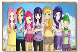 Size: 800x535 | Tagged: artist needed, safe, derpibooru import, applejack, fluttershy, pinkie pie, rainbow dash, rarity, spike, twilight sparkle, human, humanized, mane seven, mane six