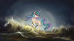 Size: 1920x1080 | Tagged: dead source, safe, artist:shamanguli, princess celestia, alicorn, pony, clothes, see-through, solo, walking on water, water, wave