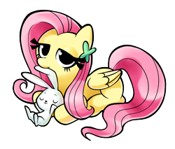 Size: 1500x1276 | Tagged: safe, artist:gatodelfuturo, angel bunny, fluttershy, pegasus, pony, barrette, cute, ear bite, looking at you, prone, shyabetes, simple background, sleeping, transparent background