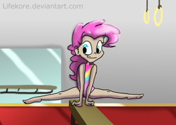 Size: 1024x731 | Tagged: safe, artist:lifekore, pinkie pie, human, equestria girls, active stretch, balance beam, barefoot, feet, flexible, gymnast, gymnastics, leotard, splits