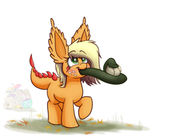 Size: 1300x1050 | Tagged: safe, artist:heir-of-rick, derpibooru exclusive, derpibooru import, applejack, monster pony, original species, tatzlpony, baseball, blushing, cute, filly, solo, species swap, tatzlbetes, tatzljack, tentacle tongue, tentacles