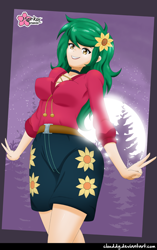 Size: 784x1247 | Tagged: safe, artist:clouddg, wallflower blush, human, equestria girls, equestria girls series, let it rain, sunset's backstage pass!, spoiler:eqg series (season 2), breasts, busty wallflower blush, clothes, digital art, female, flower, flower in hair, grin, human coloration, music festival outfit, peace sign, sexy, shorts, smiling, solo, stupid sexy wallflower blush, wide hips