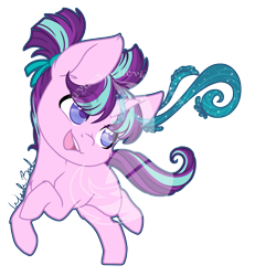 Size: 1024x1107 | Tagged: safe, artist:fuyusfox, starlight glimmer, pony, unicorn, female, filly, filly starlight glimmer, glowing horn, horn, magic, obtrusive watermark, pigtails, solo, watermark, younger