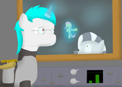Size: 1024x728 | Tagged: safe, artist:minty candy, fluttershy, oc, oc:minty candy, cyborg, pegasus, pony, unicorn, zebra, fallout equestria, fallout equestria: occupational hazards, armor, console room, machinery