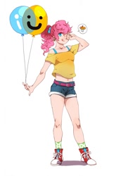 Size: 944x1372 | Tagged: safe, artist:aji8_, pinkie pie, human, alternate hairstyle, balloon, belly button, clothes, converse, cupcake, daisy dukes, humanized, midriff, shirt, solo, tongue out