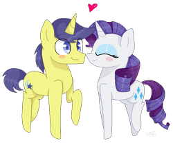 Size: 750x623 | Tagged: safe, artist:ultrard, comet tail, rarity, pony, unicorn, blush sticker, blushing, colored pupils, cometity, eyes closed, female, heart, male, raised hoof, raised leg, shipping, simple background, smiling, straight, transparent background