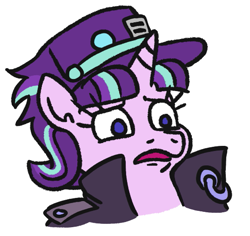 Size: 537x508 | Tagged: safe, artist:jargon scott, starlight glimmer, pony, unicorn, clothes, confused, hat, jojo's bizarre adventure, jotaro kujo, school uniform, solo