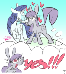 Size: 1000x1106 | Tagged: safe, artist:crackiepipe, maud pie, rarity, pony, unicorn, dialogue, female, heart, lesbian, mare, rarimaud, shipping