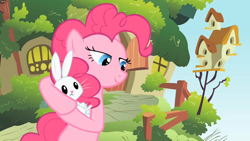 Size: 1280x720 | Tagged: safe, screencap, angel bunny, pinkie pie, earth pony, pony, baby cakes, fluttershy's cottage, lidded eyes