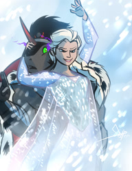 Size: 788x1024 | Tagged: safe, artist:bgn, derpibooru import, king sombra, anthro, unicorn, blizzard, cape, clothed female nude male, clothes, confused, crossover, crossover shipping, elsa, elsombra, female, frozen (movie), grin, male, snow, snowfall, straight