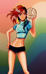 Size: 750x1200 | Tagged: safe, artist:kyle23emma, derpibooru import, rainbow dash, human, belly button, clothes, compression shorts, humanized, looking at you, midriff, shorts, smiling, solo, volleyball