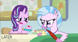 Size: 697x380 | Tagged: safe, artist:gooeybird, edit, edited screencap, screencap, silverstream, starlight glimmer, unicorn, student counsel, 1000 hours in ms paint, angry, blushing, candy, crying, feather, food, notepad, office, parody, sad, scene parody, story included