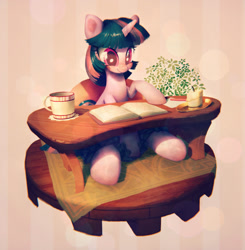 Size: 1144x1165 | Tagged: safe, artist:frali, derpibooru import, twilight sparkle, book, candle, dirt cube, mug, pixiv, reading, solo, table