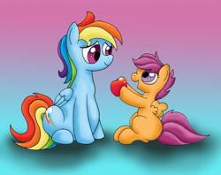 Size: 3030x2403 | Tagged: safe, artist:seenty, derpibooru import, rainbow dash, scootaloo, pegasus, pony, apple, pregnant