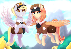 Size: 3000x2085 | Tagged: safe, artist:miamaha, derpy hooves, oc, oc:eventide twister, pegasus, pony, alternate hairstyle, clothes, female, flying, hair bun, hooves together, mailbag, mailmare, mailpony, mare, offspring, parent:quarter hearts, parent:sunset shimmer, parents:sunsethearts, uniform