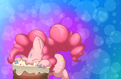 Size: 1280x832 | Tagged: safe, artist:fluffyxai, pinkie pie, earth pony, pony, cake, eyes closed, messy eating, solo