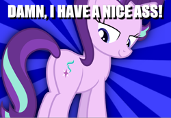 Size: 1038x718 | Tagged: safe, starlight glimmer, pony, unicorn, butt, caption, female, glimmer glutes, image macro, look at my ass, looking back, mare, plot, sunburst background, text, vulgar