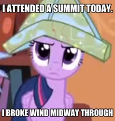 Size: 1494x1570 | Tagged: safe, derpibooru import, twilight sparkle, twilight sparkle (alicorn), alicorn, pony, three's a crowd, female, hat, image macro, mare, meme, paper hat, solo