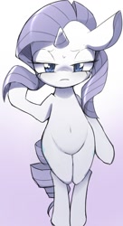 Size: 1010x1850 | Tagged: safe, artist:ccc, rarity, pony, unicorn, annoyed, belly button, bipedal, gradient background, solo