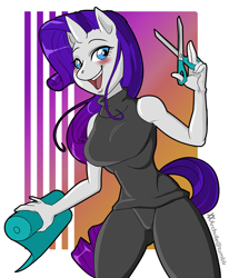 Size: 818x995 | Tagged: safe, artist:chetty, rarity, anthro, blushing, clothes, fabric, scissors, smiling, solo