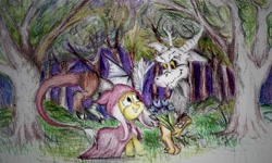 Size: 2073x1240 | Tagged: safe, artist:thatfrankster, discord, fluttershy, pegasus, pony, colored pencil drawing, discoshy, effects, female, forest, into the woods, little red riding hood, male, musical, poison joke, shipping, straight, traditional art
