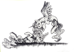 Size: 1160x820 | Tagged: safe, artist:buttersprinkle, princess celestia, princess luna, alicorn, pony, cookie, duo, eating, food, grayscale, looking at each other, monochrome, simple background, traditional art, white background