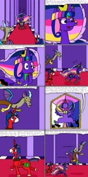 Size: 1600x3200 | Tagged: safe, artist:eternaljonathan, discord, oc, oc:prince hunk, oc:princess universe, alicorn, draconequus, pony, comic:super party fusion, alicorn oc, alicorn princess, butt, canterlot, canterlot castle, comic, commissioner:bigonionbean, cutie mark, dat ass was fat, dialogue, female, floating, fusion, fusion:prince hunk, fusion:princess universe, jewelry, jiggle, large butt, male, mare, plot, reading, regalia, squee, squeezing, stallion, stretching, teasing, thicc ass, trotting, wide hips, writer:bigonionbean