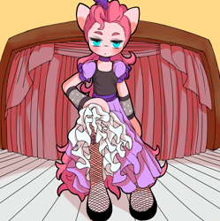 Size: 984x986 | Tagged: safe, artist:nakayan, pinkie pie, earth pony, pony, semi-anthro, blank stare, blushing, burlesque, deadpan, dress, fishnet stockings, looking at you, pixiv, revealing clothing, saloon dress, saloon pinkie, solo, stage