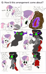 Size: 1953x3126 | Tagged: safe, artist:frikdikulous, derpibooru import, king sombra, sweetie belle, pony, umbrum, unicorn, ask, bevor, chestplate, colored, colored horn, comic, crown, curved horn, cute, dark magic, diasweetes, disembodied horn, female, filly, foal, helmet, horn, jewelry, king sideburns, magic, male, mud, queen sweetie belle, questionable shipping, regalia, sketch, sombra eyes, sombra's horn, sombra's robe, sombrabelle, stallion, text, tiara, tumblr, tumblr:ask king sombra and queen sweetie belle