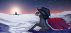 Size: 4765x2232 | Tagged: safe, artist:hoofboot, derpibooru import, king sombra, pony, unicorn, cape, clothes, crystal empire, snow, solo