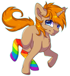 Size: 713x768 | Tagged: safe, artist:serenity, oc, oc:slypai, unicorn, chibi, clothes, commission, male, rainbow socks, simple background, socks, solo, stockings, striped socks, thigh highs, transparent background