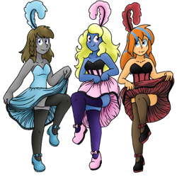 Size: 506x506 | Tagged: safe, artist:ask-sonatadusk, oc, oc only, oc:azure/sapphire, oc:cold front, oc:disty, equestria girls, bow, burlesque, clothes, crossdressing, dancing, dress, feather, looking at you, saloon dress, shoes, simple background, smiling, stockings, thigh highs, transparent background