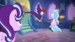 Size: 1920x1080 | Tagged: safe, screencap, silverstream, starlight glimmer, classical hippogriff, cockatrice, hippogriff, pony, unicorn, student counsel, book, edith (cockatrice), female, flying, mare, spread wings, stairs, treehouse of harmony, wings