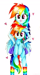 Size: 2120x3944 | Tagged: safe, artist:liaaqila, derpibooru import, rainbow dash, pegasus, pony, equestria girls, clothes, cute, dashabetes, female, heart, holding a pony, human ponidox, mare, rainbow socks, sadistic choice, self ponidox, simple background, smiling, socks, square crossover, striped socks, traditional art, white background