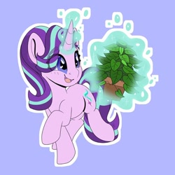 Size: 720x720 | Tagged: safe, artist:partylikeanartist, phyllis, starlight glimmer, pony, unicorn, a horse shoe-in, blue background, cute, eye clipping through hair, eyebrows visible through hair, female, glimmerbetes, glowing horn, heart eyes, horn, magic, mare, open mouth, potted plant, simple background, solo, telekinesis, wingding eyes