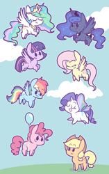 Size: 1206x1920 | Tagged: safe, artist:typhwosion, derpibooru import, applejack, fluttershy, pinkie pie, princess celestia, princess luna, rainbow dash, rarity, twilight sparkle, twilight sparkle (alicorn), alicorn, earth pony, pegasus, pony, unicorn, :3, balloon, butterfly wings, chibi, cloud, cowboy hat, crown, cute, cutelestia, dashabetes, diapinkes, eyes closed, female, floating, flying, hat, jackabetes, jewelry, lunabetes, mare, open mouth, peytral, raribetes, regalia, shyabetes, sky, then watch her balloons lift her up to the sky, twiabetes
