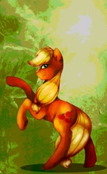 Size: 1280x2074 | Tagged: safe, artist:art-surgery, applejack, earth pony, pony, bipedal, hatless, looking at you, missing accessory, rearing, solo