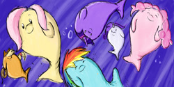 Size: 1500x747 | Tagged: safe, artist:greenfinger, derpibooru import, applejack, fluttershy, pinkie pie, rainbow dash, rarity, twilight sparkle, manatee, mane six, rope, species swap, underwater