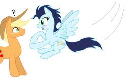 Size: 840x524 | Tagged: safe, artist:kasun05, applejack, applejack (male), glide, soarin', earth pony, pony, blushing, crash into hello, female, flying, frown, male, old cutie mark, open mouth, question mark, rule 63, shipping, simple background, soarinjack, spread wings, straight, wide eyes