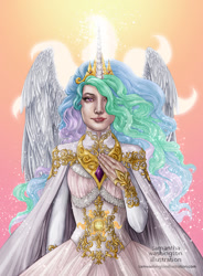 Size: 884x1200 | Tagged: safe, artist:samwashingtonillus, princess celestia, human, clothes, dress, horned humanization, humanized, looking at you, magic, solo, spread wings, winged humanization