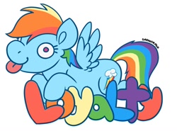 Size: 900x666 | Tagged: safe, alternate version, artist:darkodraco, derpibooru import, part of a set, rainbow dash, pegasus, pony, derp, element of loyalty, female, mare, simple background, smiling, solo, spread wings, tongue out, white background, wings