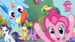 Size: 1024x576 | Tagged: safe, derpibooru import, applejack, fluttershy, pinkie pie, rainbow dash, rarity, spike, twilight sparkle, dragon, earth pony, pegasus, pony, unicorn, season 4, fourth wall, fourth wall pose, happy, mane seven, mane six, my little pony logo, tongue out