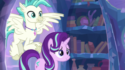 Size: 1920x1080 | Tagged: safe, screencap, starlight glimmer, terramar, classical hippogriff, hippogriff, pony, student counsel, book, bookshelf