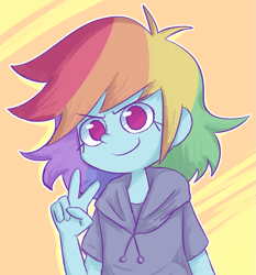 Size: 1107x1187 | Tagged: safe, artist:typhwosion, derpibooru import, rainbow dash, human, alternate hairstyle, clothes, cute, dashabetes, female, haircut, hoodie, humanized, no pupils, peace sign, solo