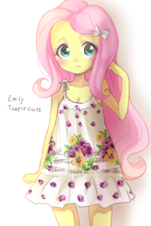 Size: 600x900 | Tagged: safe, artist:weiliy, fluttershy, equestria girls, cleavage, clothes, dress, emily temple cute, female, pixiv, solo