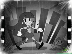 Size: 1075x804 | Tagged: safe, artist:the-butch-x, derpibooru import, spike, twilight sparkle, dog, equestria girls, black and white cartoon, leash, monochrome, old timey, pacman eyes, retro, rubber hose animation, spike the dog, steamboat willie, whistling