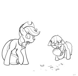 Size: 922x900 | Tagged: artist needed, safe, apple bloom, applejack, earth pony, pony, monochrome, mouth hold, scissors